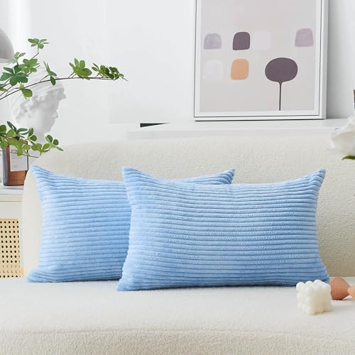 Home Brilliant Lumbar Pillow Covers 12x20 2 Pack Decorative Striped Corduroy Rectangle Cushion Covers Oblong Pillow Covers for Couch, 12 x 20 inch, Baby Boy Blue