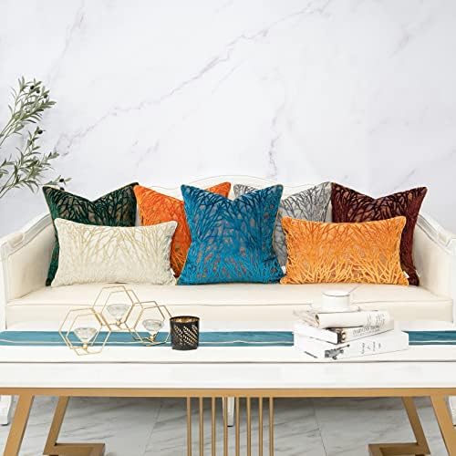 Yangest Orange Throw Pillow Cover Velvet Cushion Cover Branches Rectangular Pillowcase for Sofa Couch Bedroom Living Room, 12x20 Inch