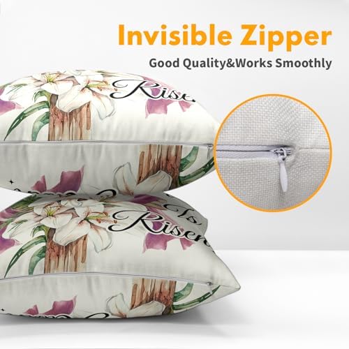 Easter Throw Pillow Covers 16x16 Inch Set of 2 He is Risen Cushion Case Spring Lily Flower Cotton Linen Square Pillowcases Happy Easter Pillows Protector for Home Sofa Party Couch Bed