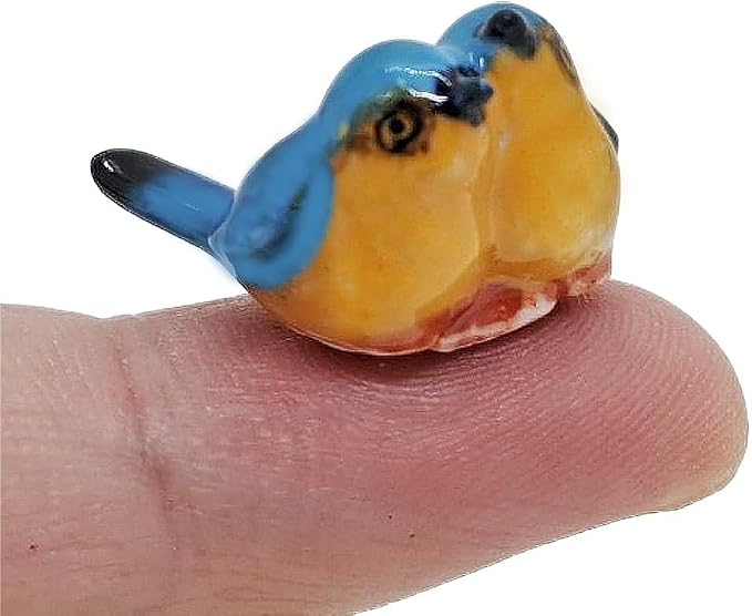 WitnyStore Tiny ¾ Inch Long Blue Yellow Twin Eastern Bluebird Bird Figurine - Miniature Hand Made Ceramic Birds Aves Colorful Porcelain Feathered Animals Cute Decorative Collectible Figure Décor Gifts