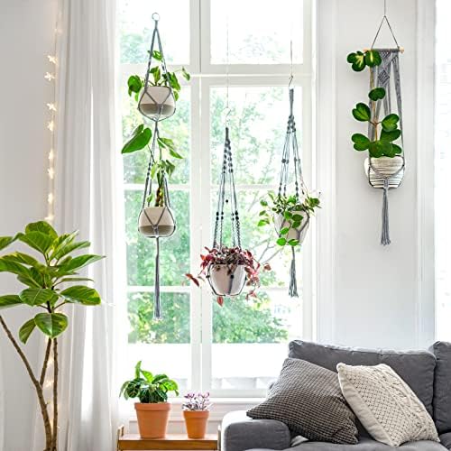 Mkono Macrame Plant Hanger Indoor 35 Inch Hanging Planter Basket Grey 1Pc
