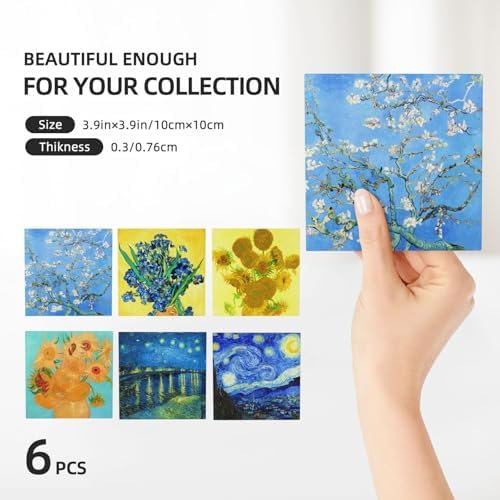 Coaster for Drinks Set of 6,Famous Van Gogh Paintings Absorbent Round Ceramic Stone Mat, with Cork Base and Metal Holder, Gift for Housewarming Room Bar Decor