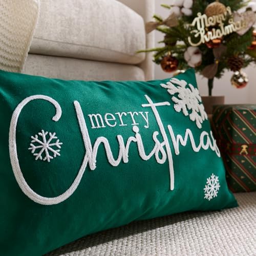 Merry Christmas Pillow Covers 12x20 Inch Embroidery Snowflake Xmas Decorative Lumbar Throw Pillow Cover Winter Holiday Pillow Case Cushion Cases for Sofa Couch Living Room Decorations Green