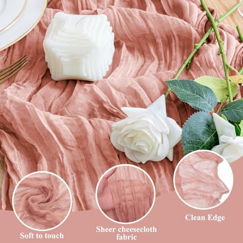 Wokceer Cheesecloth Table Runner Dark Rose 10FT Boho Gauze Runner, 3 Pack