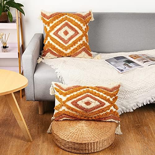Merrycolor Boho Lumbar Throw Pillow Cover 12x20 inch,Bohemian Tufted Decorative Pillow Covers with Tassels for Couch Sofa Bedroom Living Room