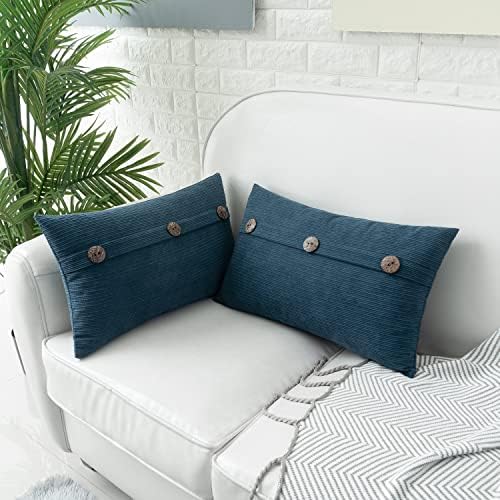 HWY 50 Blue Chenille Throw Pillow Covers 12x20 Inch Buttons Pack of 2