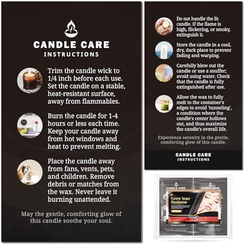 200 pack - Premium Handmade Candle Care Instruction Cards Black 2x3.5 in, Small Business | Soy Bees Wax Melt, Candle Makers, Making Supplies Kit Set, Containers, Jars, Pot, Package