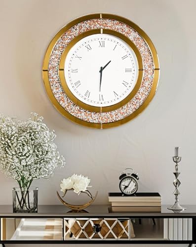 Crushed Diamond Wall Clock: Round Mirrored Clock 23.6 inch Brown