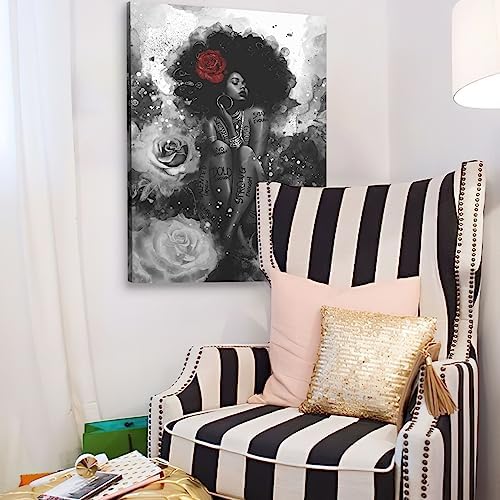 African American Canvas Wall Art Black Girl Fashion Print Abstract Black Art Picture Women Rose Wall Decor Painting Framed Modern Artwork for Bedroom Bathroom Office Home Decor 16x20inch