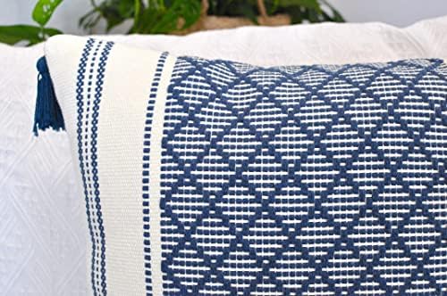Boho Throw Pillow Covers with Tassels Navy Blue 16x16 inches Set of 2 Checkered Geometric Pattern/Decorative Square Pillow Covers for Couch Sofa Indoor Outdoor/Farmhouse Accent Pillow Cases