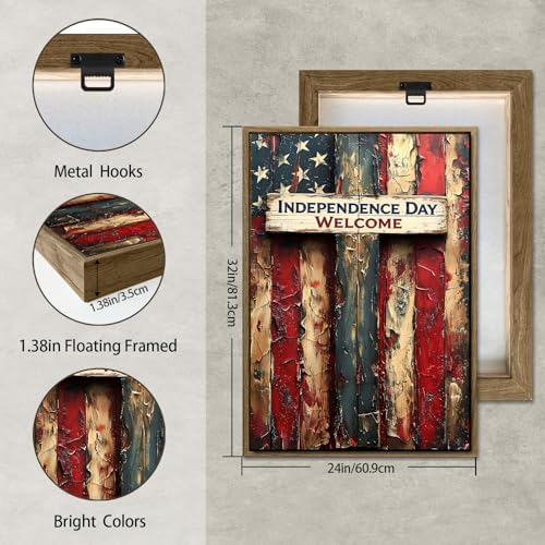 American Flag Framed Canvas Wall Art, 4th of July Patriotic Canvas Prints | USA Flag Wood Texture Poster Print, 4th of July Red White Blue Wall Decor for Bedroom Living Room 24×32in