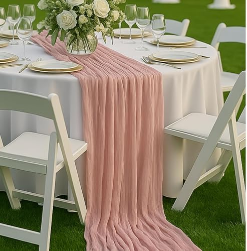 3 Pack Dusty Pink 10FT Cheesecloth Table Runners –120 Inch Blush Gauze Boho Table Decor Set for Bridal Shower, Mother’s Day Brunch, Baby Girl Party, or Romantic Wedding Reception
