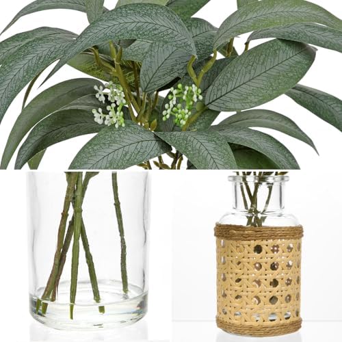2Pcs Artificial Eucalyptus Stems in Glass Vase with Faux Water and Woven Basket 11" Fake Greenery Plant Willow Eucalyptus Leaves for Home Office Farmhouse Bedroom Kitchen Table Centerpiece Decor