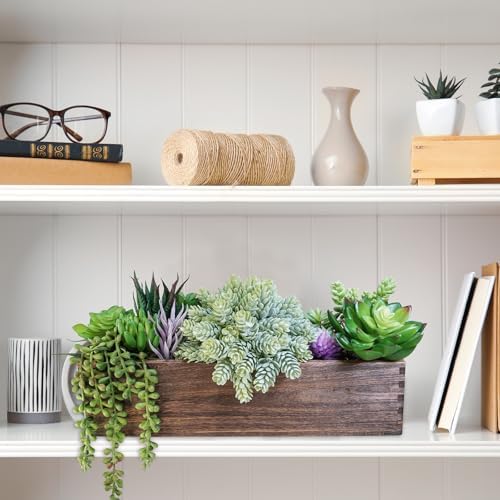 Winlyn 15" Assorted Artificial Succulent Arrangement Assorted Succulents in Rectangular Wooden Planter Faux Potted Plant for Farmhouse Table Centerpiece Windowsill Shelf Desk Mantel Greenery Décor