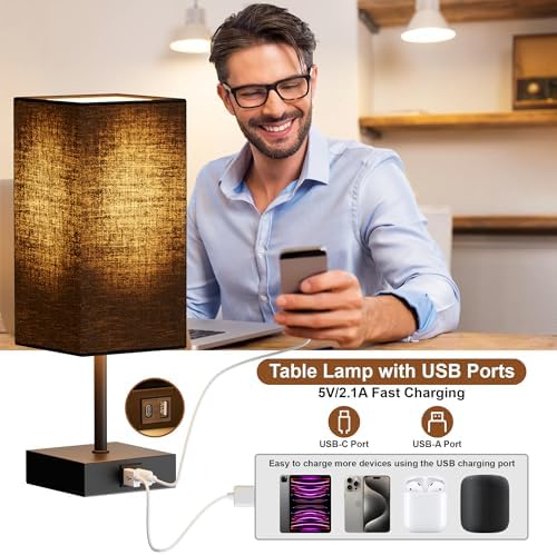 Bedside Table Lamp for Bedroom with 2 USB Ports, 14-Inch, Black