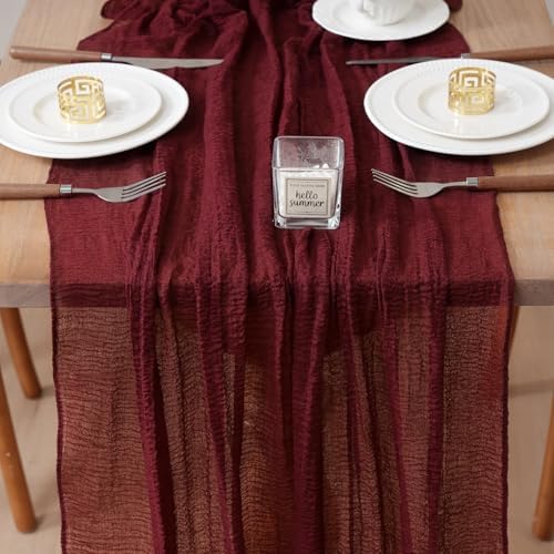 1Pcs Cheesecloth Table Runner Burgundy 10FT Boho Gauze Cheese Cloth Table Runners 120 Inches Long Rustic Sheer for Centerpiece Home Party Christmas Wedding Baby Shower Spring Easter Decor
