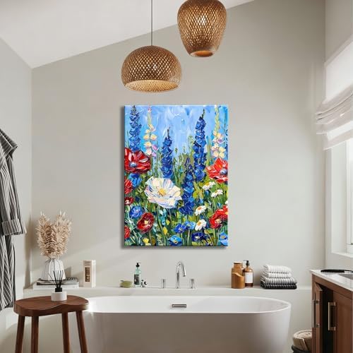 Made USA Framed Red White Blue Wildflower Wall Art, Retro Bedroom Kitchen Wall Decor Rustic 4th of July Independence Day Canvas Prints Artwork, Classic Patriotic Pictures Home Decor