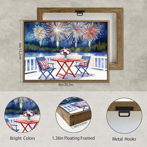 American Flag Framed Canvas Wall Art, 4th of July Patriotic Canvas Prints | Watercolor Lakefront Fireworks Poster Print, Independence Day Wall Decor for Bedroom Living Room 6×8in