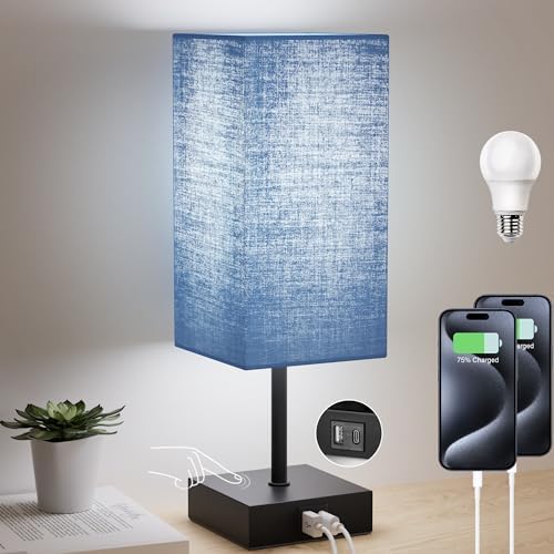 Bedside Table Lamp for Bedroom with 2USB Ports, 14-Inch, NavyBlue