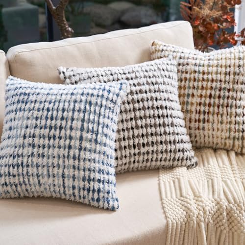 Aeckself Boho Chenille Tufted Pillow Cover 20x20 Inch, Decorative Square Throw Pillow Cover Neutral Pillowcase for Couch Bedroom Living Room, Blue White