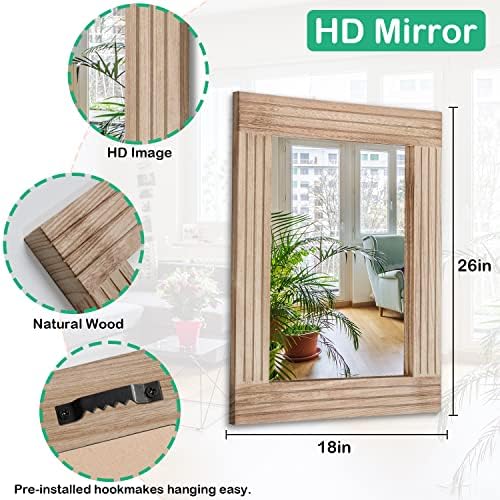 Rectangle Mirror Retro Wooden Wall-Mounted Mirrors Farmhouse Bedroom Bathroom Vanity Entrance Decorative Antique Hanging Mirror Large 26"x18"