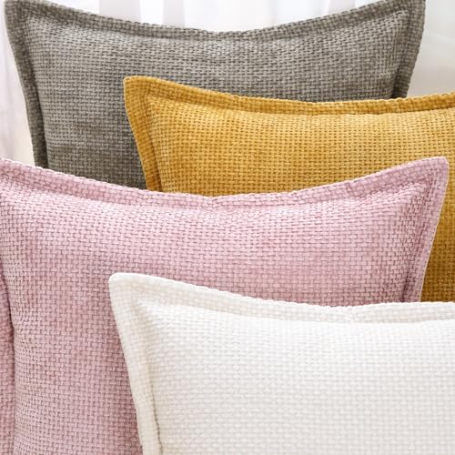 MADIZZ Decorative Chenille Velvet Throw Pillow Covers Set of 2 Soft Boho Textured Neutral Couch Throw Pillow for Bed Modern Farmhouse Home Decor for Sofa Livingroom Cream 20x20 Inch