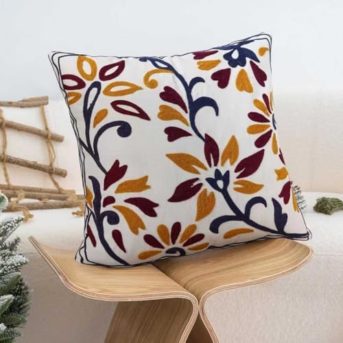 Embroidered Floral Boho Throw Pillow Cover 18x18 Inch - Decorative Cotton Pillow Case for Couch, Sofa, Bedroom, Living Room - Farmhouse Home Aesthetic Housewarming Gifts (Vintage Charm, 18" x 18")