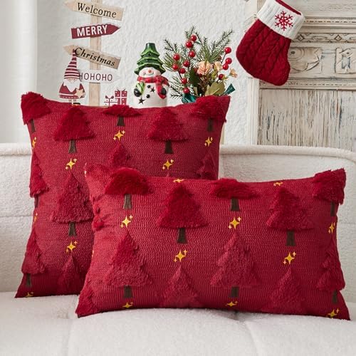 Kevin Textile Christmas Tree Pillow Covers 18x18 Inch Set of 2 Twinkle Golden Star Embroidery Soft Plush Faux Fur Throw Pillowcases for Couch Sofa Holiday Festivals Winter Xmas Gift, Burgundy