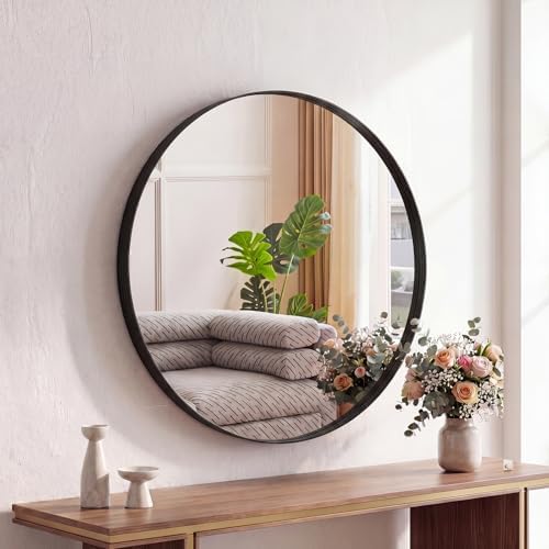 Sweetcrispy Round Bathroom Wall Mirror, Circle Vanity Mirror, 24 Inch | Matte Metal Frame, Home Decor Circle Mirrors for Bathroom Sink, Entryway, Bedroom, Black