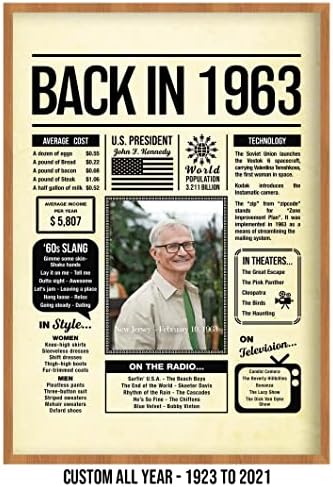 Personalized 62 year old birthday gifts - Back in 1963 Poster - Centerpiece Table Decorations 62nd Birthday Party - Custom Born in 1963 Newspaper Vintage Poster for Men, Women