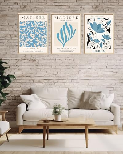 KensTro 12x16 Blue Matisse Wall Art in Wood Frames, Set of 3 | Set of 3 Blue Matisse-Inspired Prints with Natural Wood Frames, Vintage Botanical Decor for Living Room and Bedroom