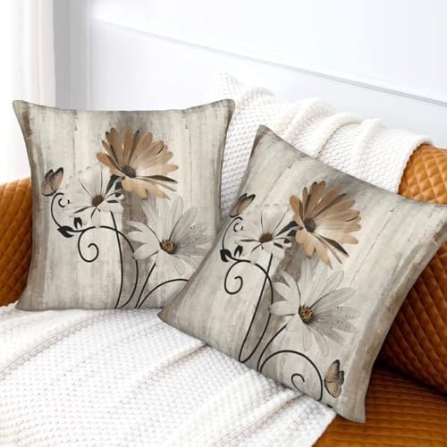 Brown Floral Pillow Covers 16 x 16 Inch Set of 2 Daisy Floral Butterfly Decorative Throw Pillow Covers Linen Rustic Farmhouse Cushion Cases for Home Sofa Couch Living Room Decor