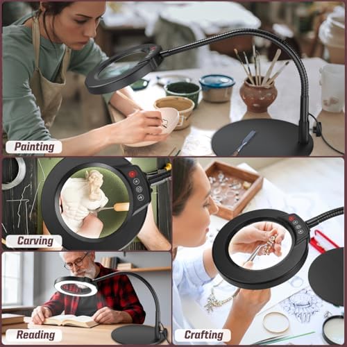 10X Magnifying Glass with Light and Stand, 16.5in Flexible Goose-Neck, 5 Color Modes Stepless Dimmable LED Lighted Desk Lamp, Hands Free Magnifier for Crafting Hobby Painting Close Work - Black