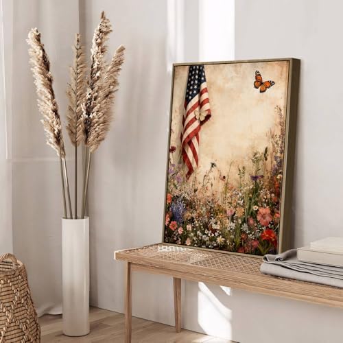 American Flag Framed Canvas Wall Art, 4th of July Patriotic Canvas Prints | Wildflower Field with Butterfly Poster Print, Rustic Farmhouse Independence Day Wall Decor for Bedroom Living Room 8×10in