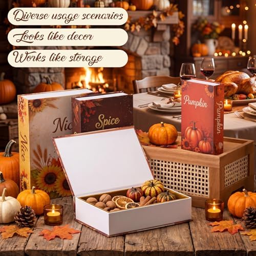 Sabary Set of 4 Decorative Books Boxes Faux Books Stacked for Coffee Tables Modern Home Bookshelves DIY Crafts Decor (Vintage,Thanksgiving Day)