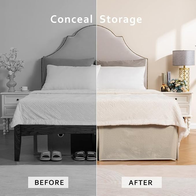 MIYE Pleated Waffle Weave Bed Skirt, Tailored Dust Ruffle 14 Inch Drop Easy Fit, Machine Washable,No Split Corners (Beige,Cal King - 14" Drop)