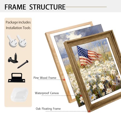 American Flag Framed Canvas Wall Art, 4th of July Patriotic Canvas Prints | Wildflower Landscape Poster Print, Vintage Rustic Independence Day Wall Decor for Bedroom Living Room Office 24×32in