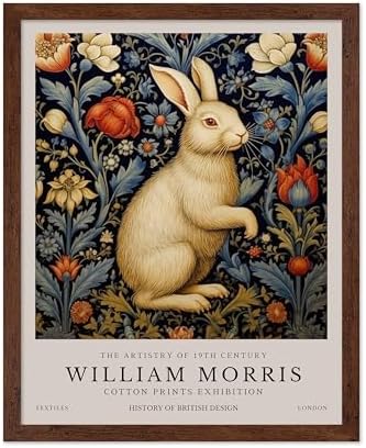 Poster Master William Morris Poster - White Rabbit Print - Flower Art - Animal Artwork - Floral Design - Bunny Illustration - Great Office or Bedroom Decor - 11x14 Brown Framed