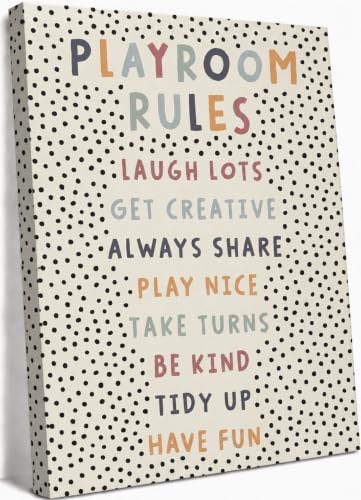 Kids Playroom Canvas Wall Art, Neutral Playroom Rules Painting Picture Wall Decor, Boho Classroom Educational Poster Print Artwork for Classroom, Nursery, Toddler Home Decoration, 16x24in Framed