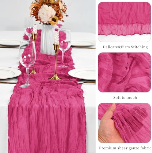 20 Pack Hot Pink Table Runner 10Ft Cheesecloth Table Runner Boho Gauze Table Runners Romantic Long Sheer Fabric Cheese Cloth Table Runners for Wedding Party Bridal Shower(Hot Pink)