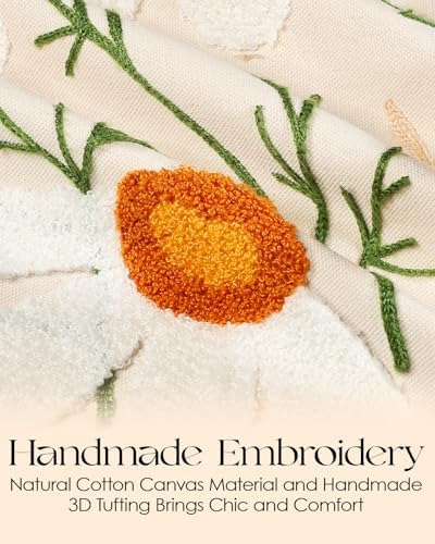 Canvas Embroidered Narrow 13"x 108" Table Runner, Beige Daisy