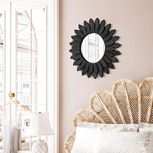 Emfogo Wall Mirror 12 inch Rustic Wood Sunburst Boho Mirror Farmhouse Wall Decor Room Decor Home Decor for Bedroom Living Room Entryway (Vintage Black)