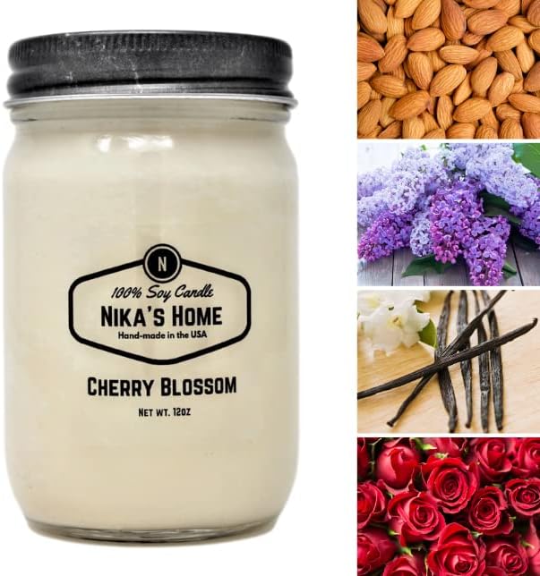 Nika's Home Cherry Blossom Soy Candle - 12oz Mason Jar - Non-Toxic - Hand Poured in The USA, Long Burning 50-60 Hours Highly Scented All Natural, Clean Burning