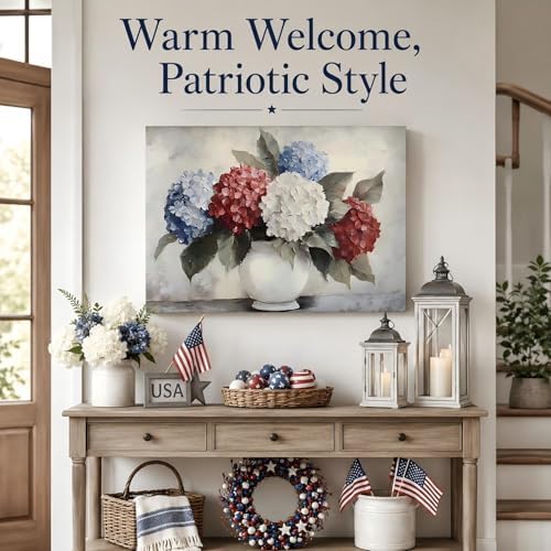 RIBNTAK Patriotic Hydrangea Wall Art USA Red White Blue Flower Vase Print Pictures Wall Decor Canvas Painting Artwork Decorations for Bedroom Bathroom Kitchen Living Room,Made in USA