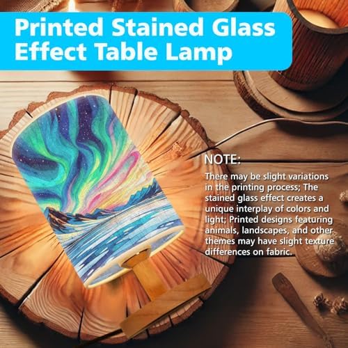 Aurora Night in The Polar Region Table Lamp LED 3-Color Pressed Bedside, Aurora Night in The Polar Region Shade Lamp with Wood Base for Bedroom Living Room Desk Office TL01