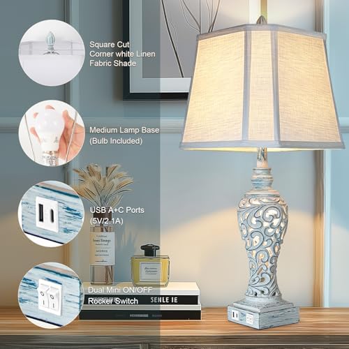 LuxSight Collection Bedside Table Lamps Set of 2 with Night Lights, Vintage