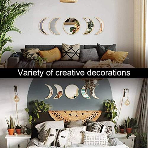 5 pcs Moon Phase Mirror Set Acrylic Wall Decorative Interior Design Wooden Moon Phase Mirror Bohemian Wall Decoration for Home Living Room Bedroom - Not Real Mirror (B)
