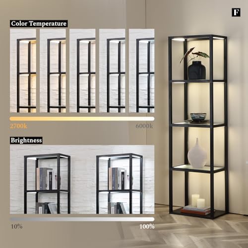 LED Display Shelf with Lights – Glass Display Cabinet for Collectibles with Dimmable Lighting, App & Remote Control – 66” Curio Shelf Floor Lamp with Adjustable Color Temps – FENLO Fantasy Plus Pro