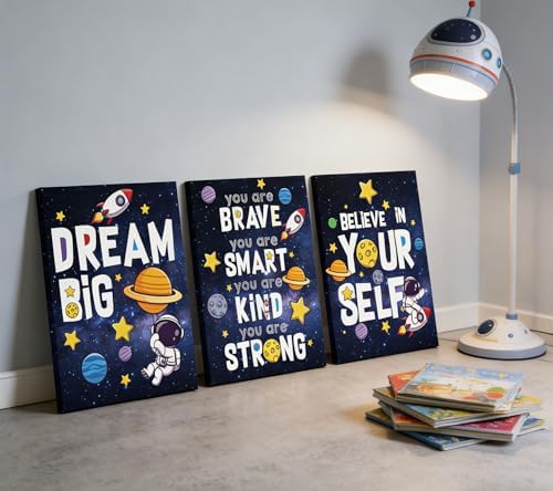 3Pcs Inspirational Space Astronaut Kids Canvas Wall Art, Inspirational Quotes Painting Picture Wall Decor, Boys Positive Affirmative Poster Print Artwork for Playroom, Classroom, 16x24in