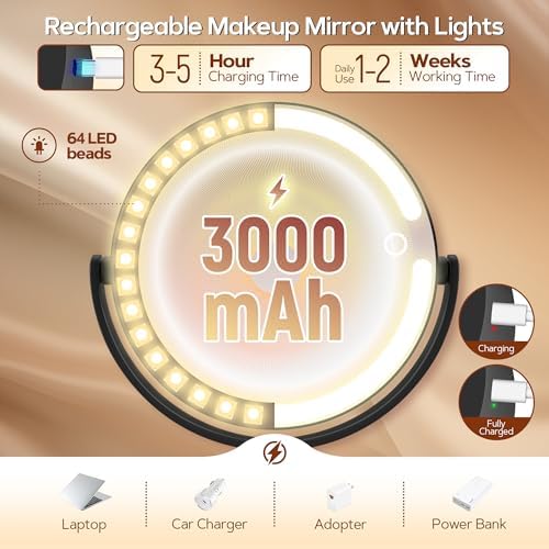 B Beauty Planet Vanity Mirror with Lights, 30X Magnifying Makeup Mirror, 3 Lighting and Adjustable Brightness, Rechargeable 2-Sided Height Adjustable Desk Mirror for Bedroom, Gifts for Women Black